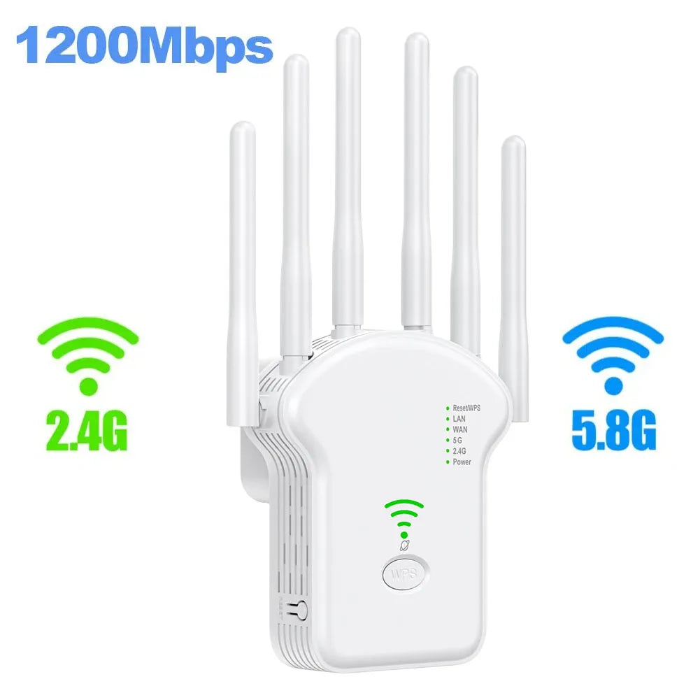 1200Mbps 5GHz Wireless WiFi Repeater WiFi Signal Booster Dual-Band 2.4G 5G WiFi Extender 6 Antenna Network Amplifier WPS Router