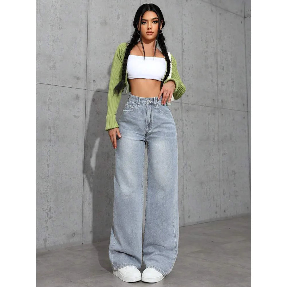 Denim Wide Leg Pants Women Jeans High Waist Straight Trousers Distressed Washed Pockets 2025 Loose Floor Length Streetwear.