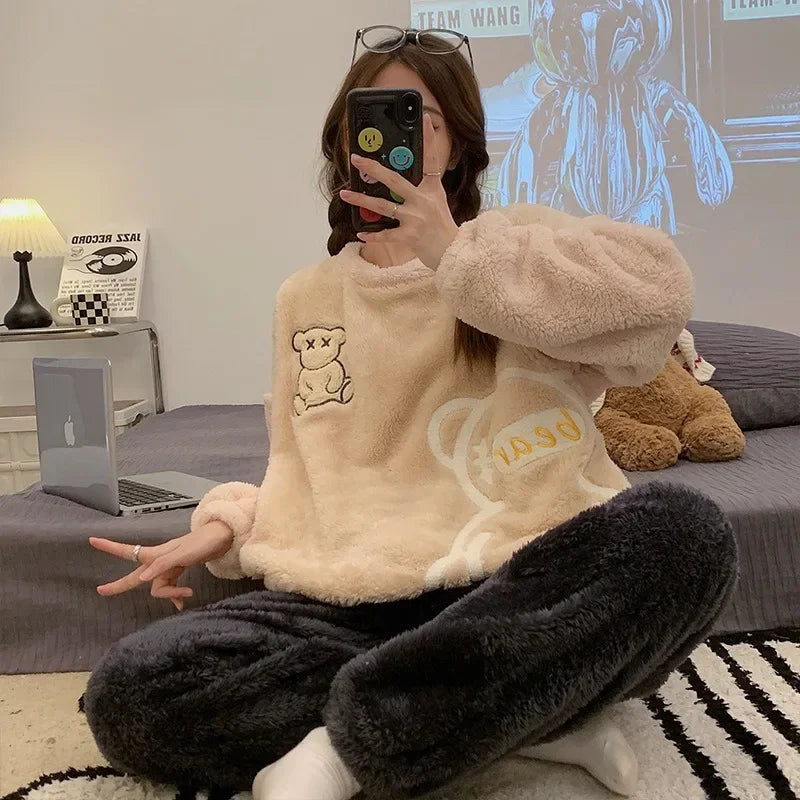 Verdickte warme Flanell-Damen-Nachtwäsche, Homewear für den Winter, O-Ausschnitt, Tops und Hosen, Nachtwäsche, Loungewear, zweiteiliges Set, Pyjamas.