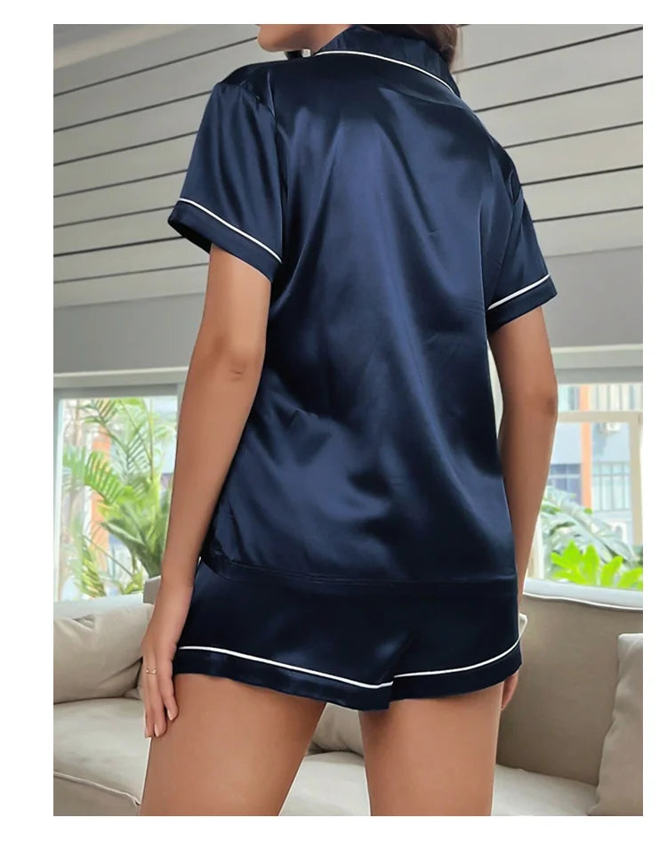 Sommer-Pyjama-Set aus Seidensatin für Damen, Oberteil und Shorts mit Knopfleiste, 2-teilig, Nachtwäsche, gekerbter Kragen, Nachtwäsche, Loungewear für Damen.