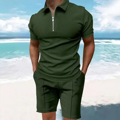 Men's Comfortable Short-Sleeved Waffle Polo Shirt And Shorts Set - Breathable Lightweight Spring/Summer Clothing.