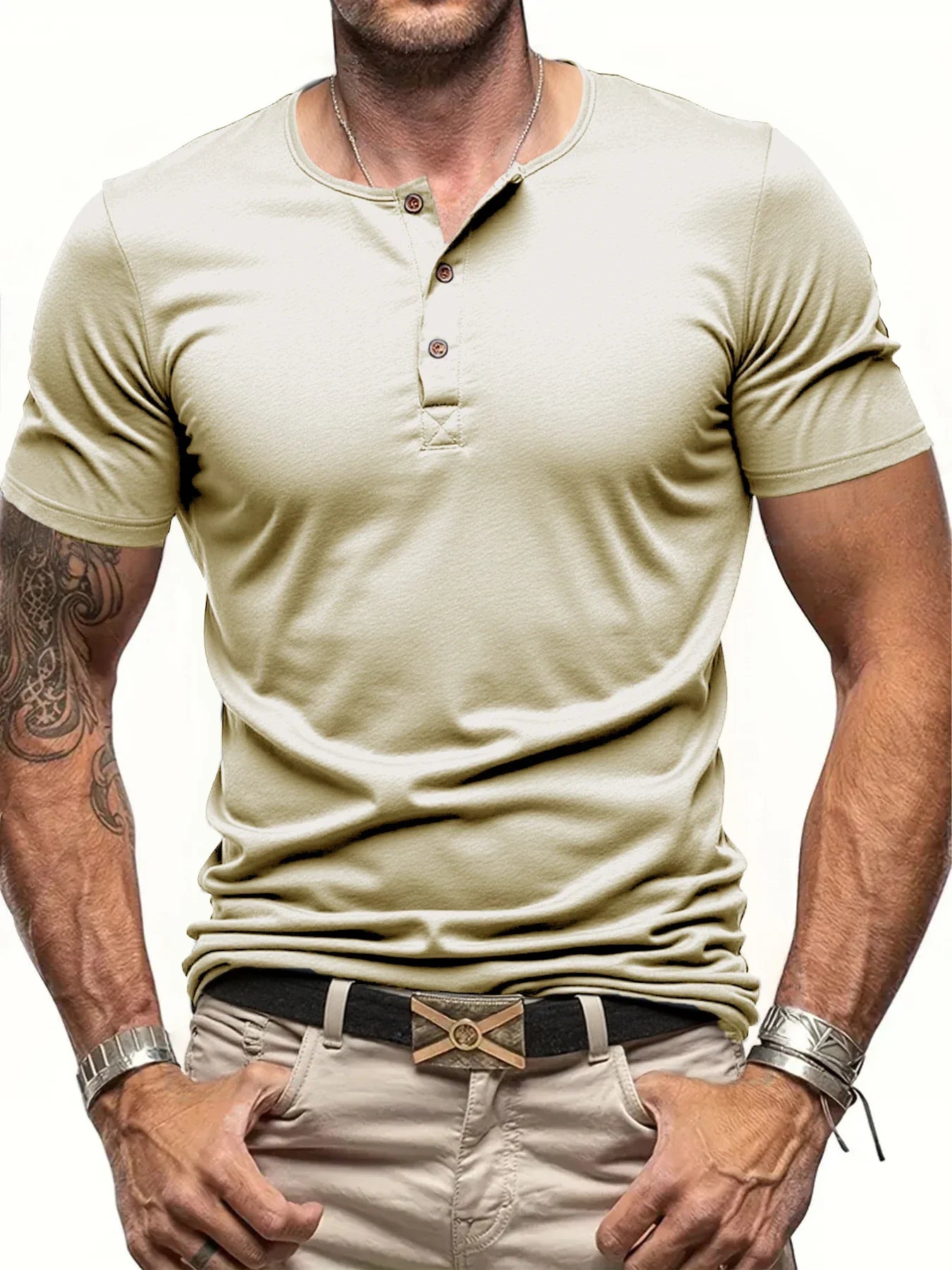 Men's Short Sleeve Henley Neck T-shirt Solid Color Male Tops Slim Fit Button Neck Casual Cozy Tshirt  Streetwear