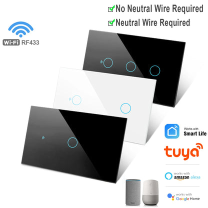 Tuya WiFi US Smart Lichtschalter Wand-Touch-Schalter Neutralleiter/Kein Neutralleiter erforderlich 120-Typ Funktioniert mit Alexa, Google Home.