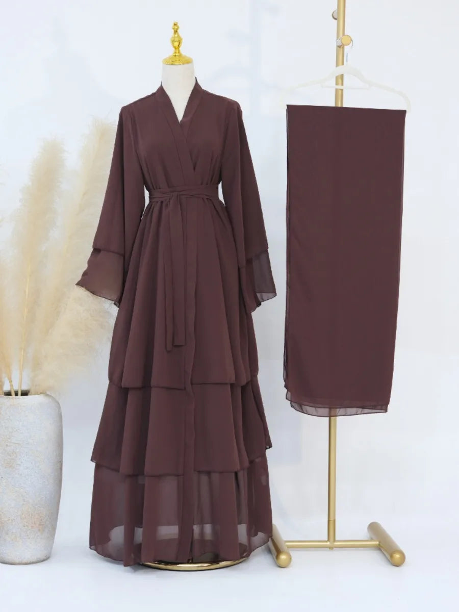 Eid Muslim Abaya for Women Chiffon 3 Layers Cake Party Cardigan Robe Jalabiya Dresses Ramadan Morocco Abayas Kaftan Vestidos