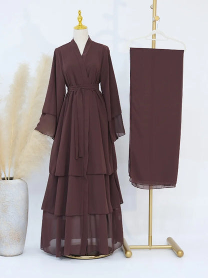 Eid Muslim Abaya for Women Chiffon 3 Layers Cake Party Cardigan Robe Jalabiya Dresses Ramadan Morocco Abayas Kaftan Vestidos