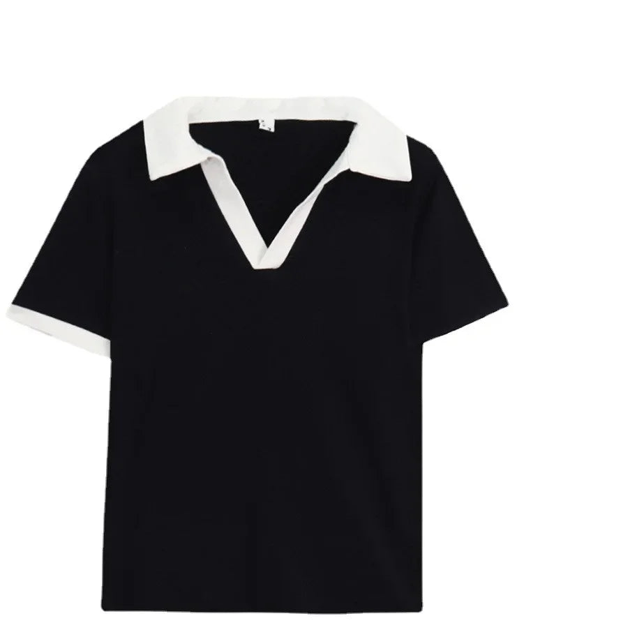 American Style Sweet And Spicy Girl Polo Shirt Women's Summer New Student Design Slimming Short Sleeve T-shirt Color Block.