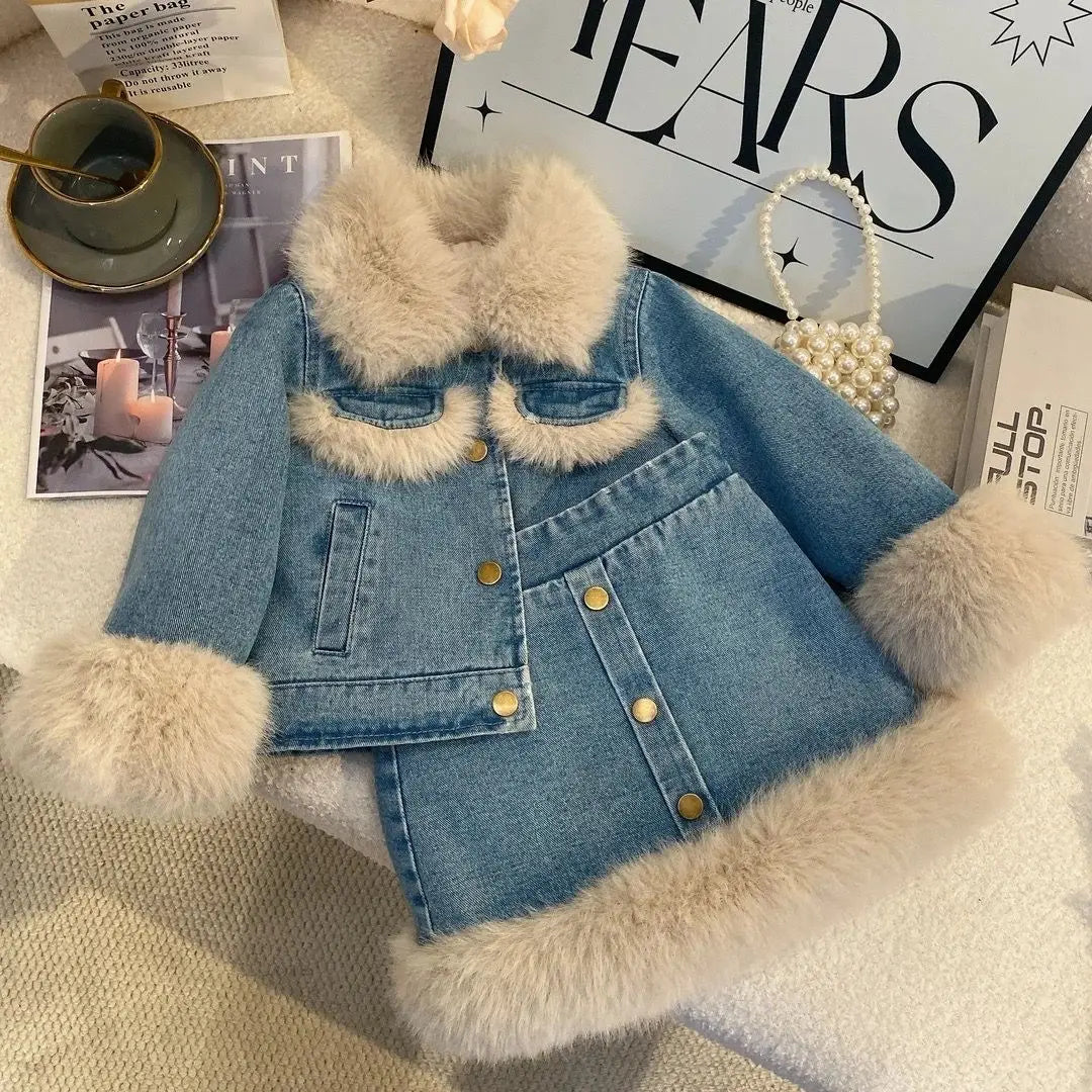 Children's Sets Girls' Fleece-Lined Denim Set Korean Winter Jacket & Skirt 2-Piece Thickened Outfit for Toddlers.