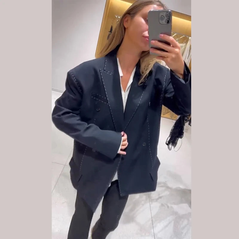 Fashion Line Suit Jackets Pants Sets Women Loose Lapel Double Breasted Blazer Pleated Wide Leg Pant 2025 Autumn Lady Office Suit.