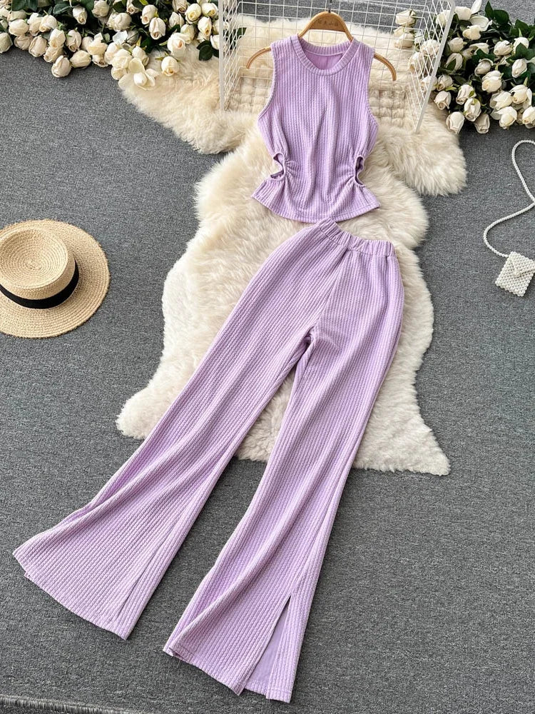 Korean Suits Women's Two Piece Set Summer Slim Fit Sleeveless O-neck Tops High Waist Slits Trousers Two-piece Suit Female D1109.