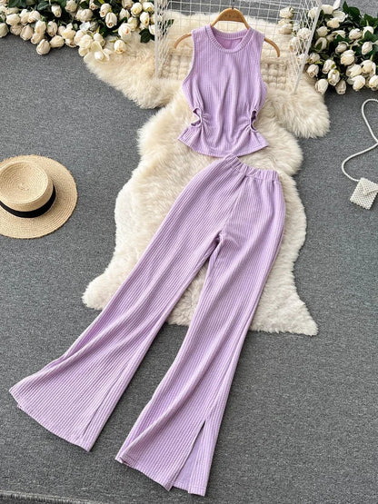 Korean Suits Women's Two Piece Set Summer Slim Fit Sleeveless O-neck Tops High Waist Slits Trousers Two-piece Suit Female D1109.