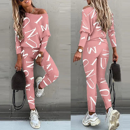 Autumn New Women's Fashion Letter Print Sexy Off Shoulder Long Sleeved Leggings Long Pants Casual Comfortable Two-piece Set.