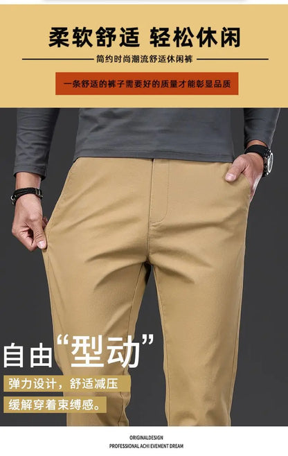 Cotton Men's Casual Pants Straight Stretch Trouser Male Fashion Slim Business Dress Golf Office Spring Autumn Khaki Black Formal.