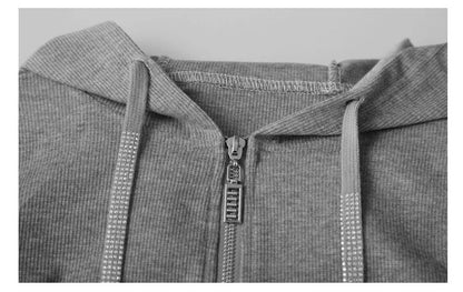 #7937Black Grey Women Hoodies Sweatshirt Tops Pullovers Diamonds Letters Slim Streetwear Short Hoodies Woman Zipper Korean Style.