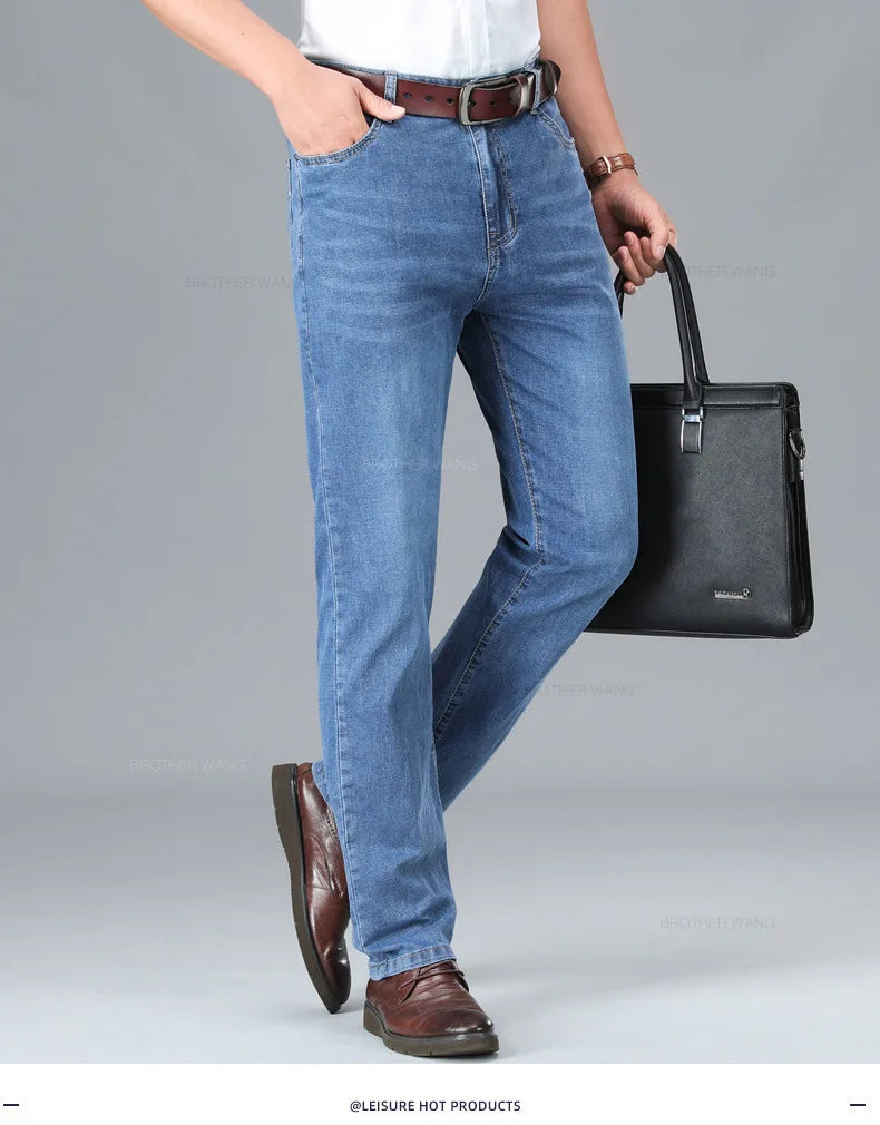 Brand Men's Fashion Summer Thin Jeans Comfortable Stretch Cotton Business Straight Casual Denim Pants Light Gray Blue Pants