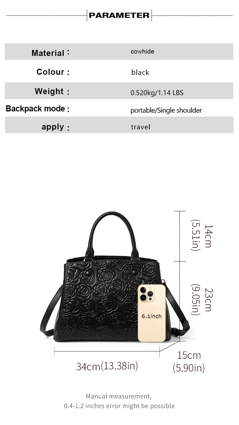 Leather handbag high sense handbag top layer leather rose pattern slung shoulder bag.