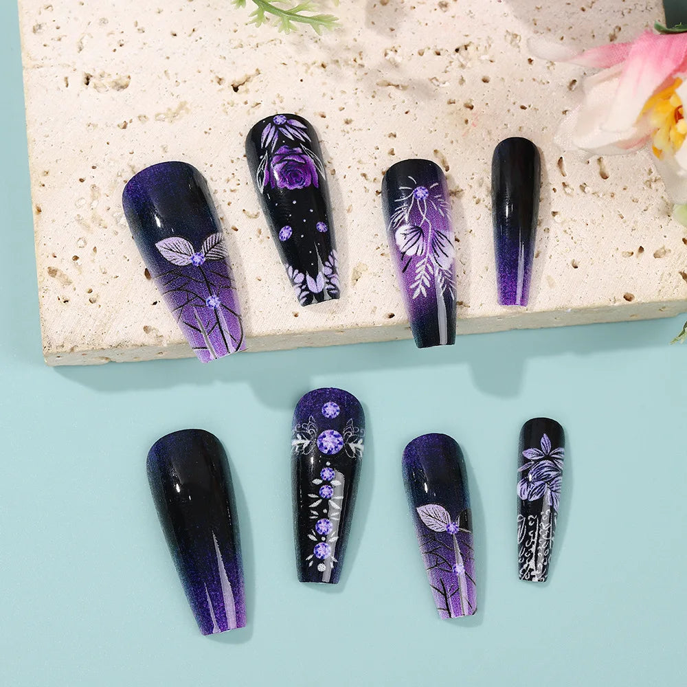 Purple Flower Press on Nails 24Pcs Almond/Coffin Wearable Fake Nails Flower Printed Woman DIY Manicure Acrylic False Nails Tips.