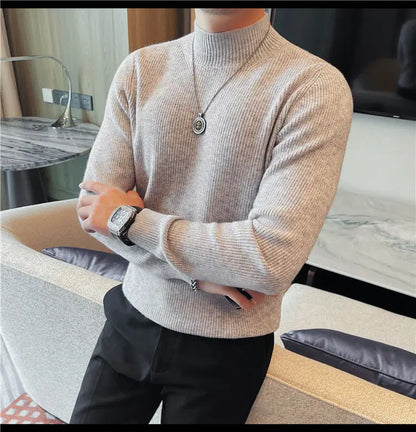 Half Turtleneck Sweater Men with Striped Wool in Autumn Winter Thickened Slightly Loose Base Knitted.