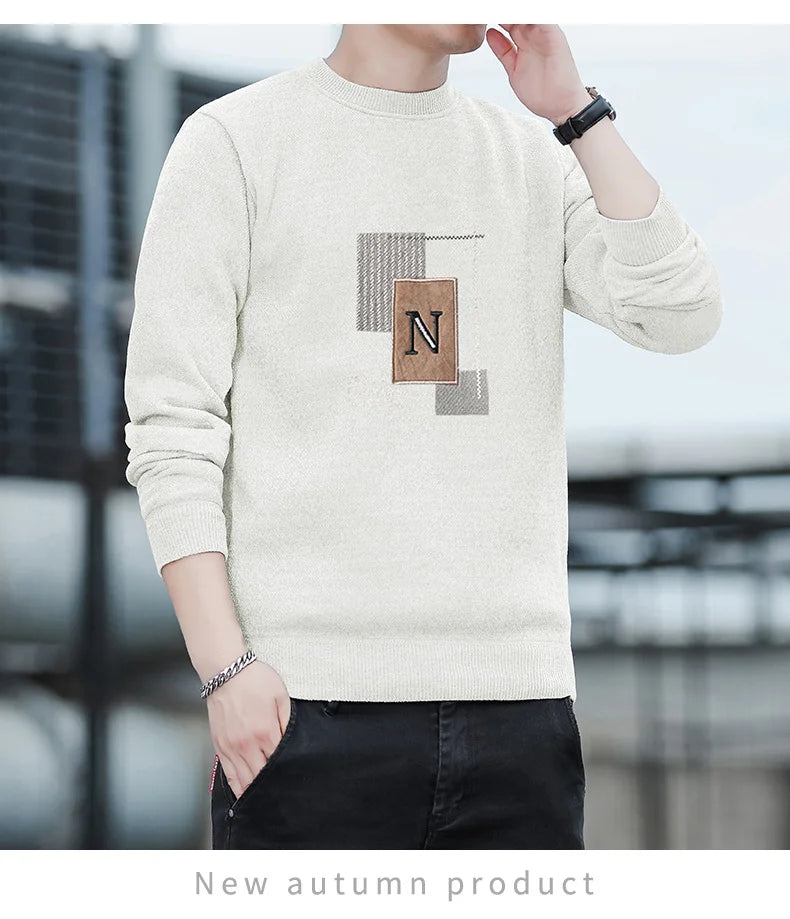 Men's Sweater Patckwork Round Neck Pullovers Fleece Lined Thick Warm Winter Knitwear Fashion Jumpers Men's Clothes.