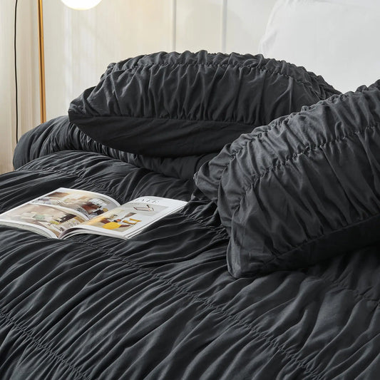 Ruched Black Duvet Cover Soft and Luxury Twin Queen King Comforter Cover Boho Shabby Chic Bedding Set - Fluffy 2/3 Piece Set.