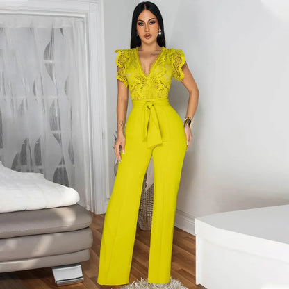 Summer Fashion Lace High Waisted Jumpsuit Women Elegant OL Lace Sleeveless Waistband Straight Jumpsuit Women