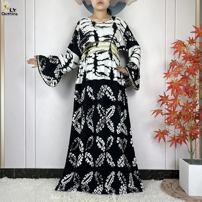 New Women Party Dress Dubai Muslim Summer Cotton Long Sleeve Collect Waist Boubou Maxi Islam Women Elegant Dress African Abaya.