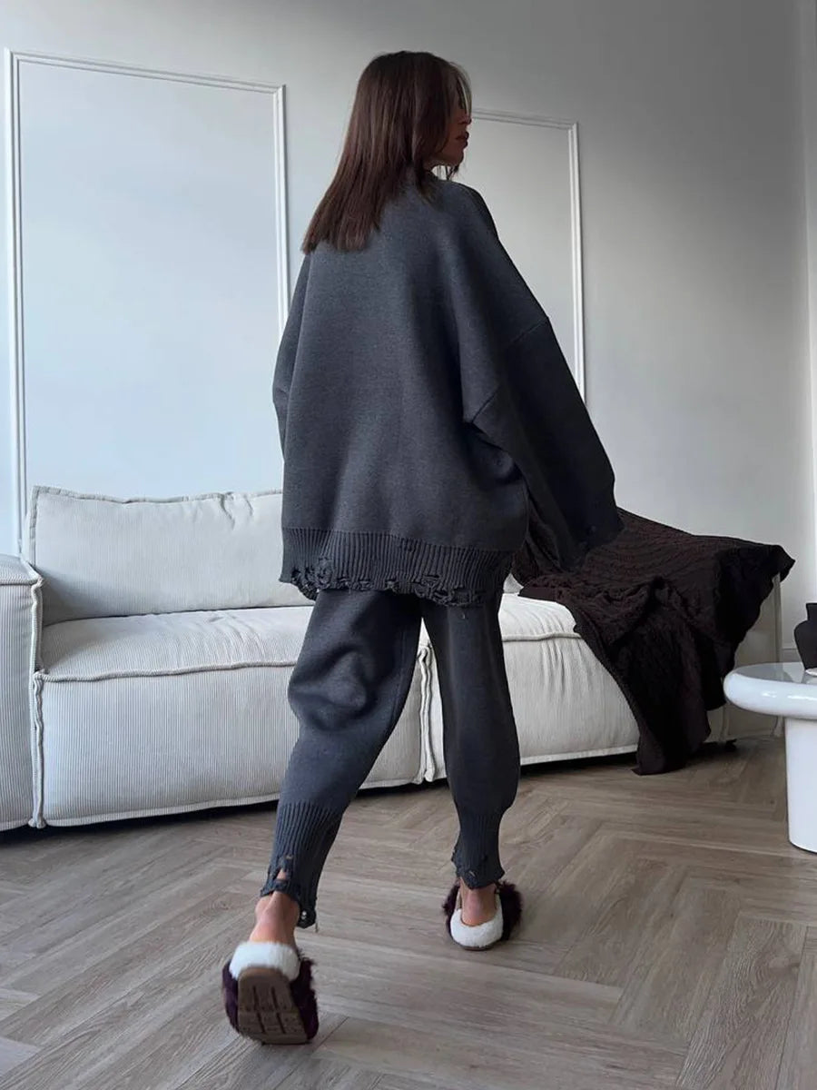 Bornladies Autumn Winter Women's New Turtleneck Knit Sweater Skinny Knit Pants Set Soft Oversized Ripped Hem Fashion Pullover