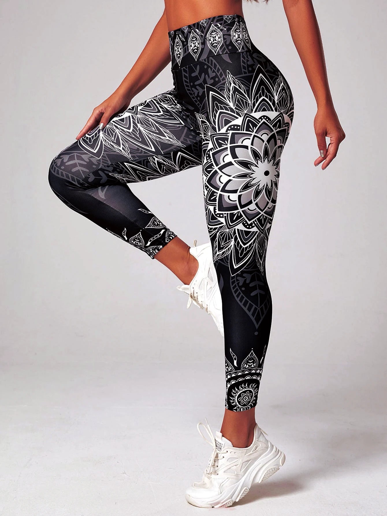 Lotus patterned high waisted leggings, suitable for yoga, running, and dancing as hip lifting sportswear - sporty and fashionabl.