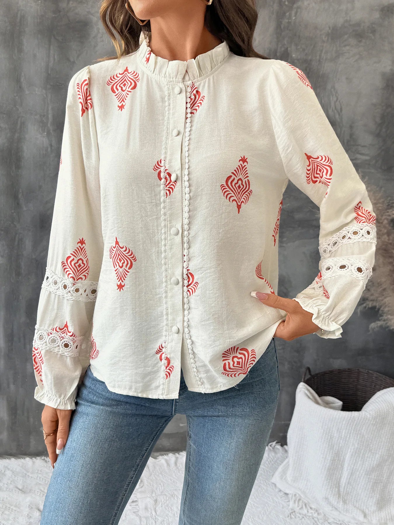 Women's Printed Casual Trendy Stand Collar Single-breasted Loose Shirts European New Fashion Female Ethnic Clothes Tops Cardigan.