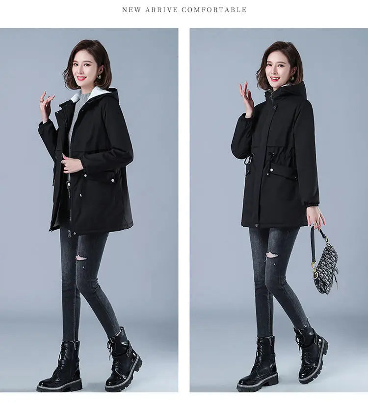 Fleece-gefütterte Kapuze, Daunenjacke, Wintermantel für Damen, warme, mit Kordelzug gepolsterte Parkas, mittellanger Mantel, Streetwear, gepolsterte Kleidung