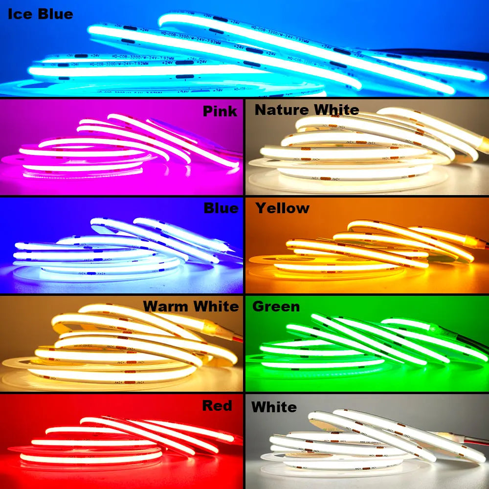 12V 24V COB LED Streifen 5mm/8mm PCB 400/480LEDs/m Flexible Rot/Grün/Blau/Rosa/Eisblau/Gelb Led Streifen Für Wohnkultur LED Lichter.