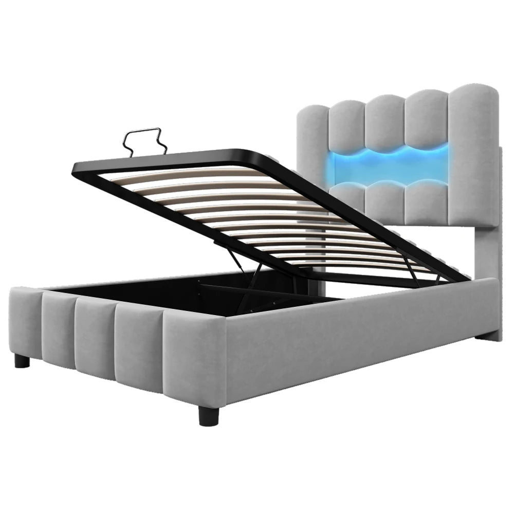 Modernes Polsterbett, 90 x 200 cm, ohne Matratze, LED-Beleuchtung, mit hydraulischem Gerät, verstellbarer Kopfteil, Samt, Grau