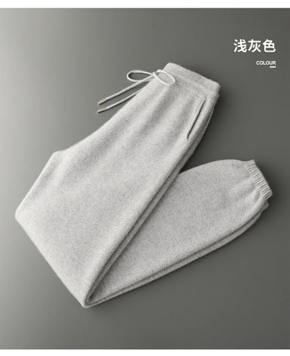 Autumn Winter New Thickened 100% Pure Cashmere Pants for Men High Waist Knitted Jogger Pants Solid Color Versatile Harem Pants.