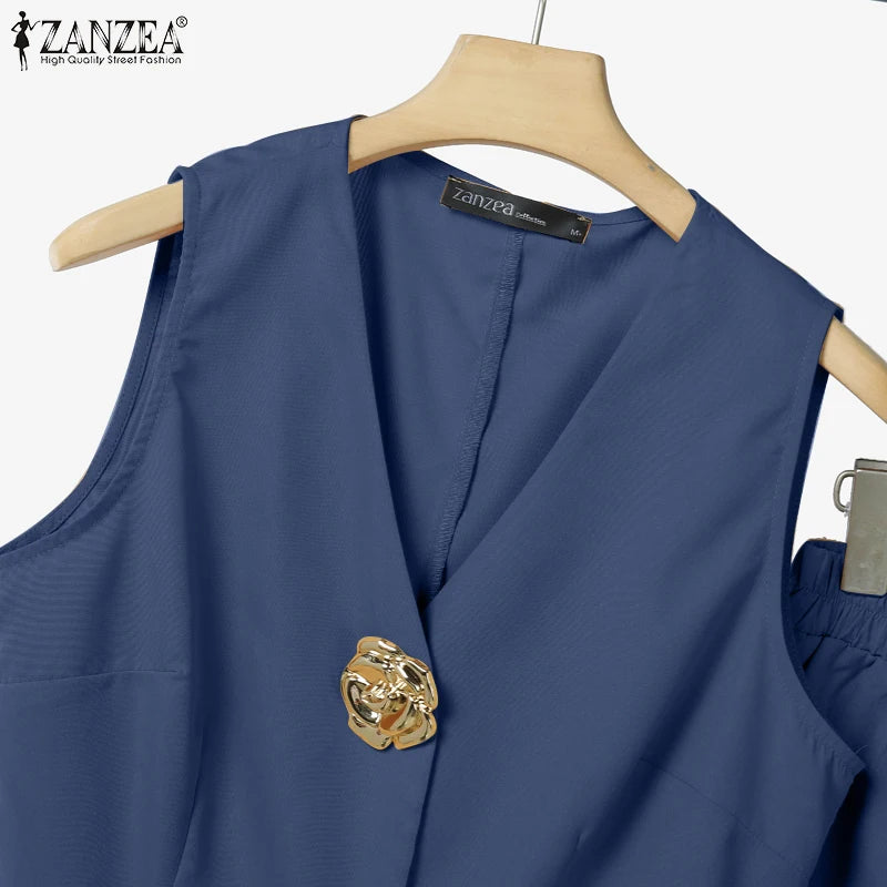 ZANZEA 2025 Summer Outfits Women Fashion Matching Sets V Neck Sleeveless Tanks Tops Trousers Suit 2PCS Solid Work OL Tracksuits.