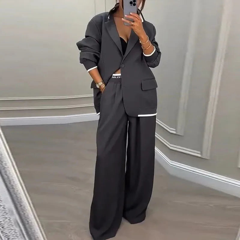 Autumn Casual Women's Suit Set Sexy Turn-down Collar Button Blazer & Straight-leg Pants Set Winter Solid Long Sleeve Chic Outfit.