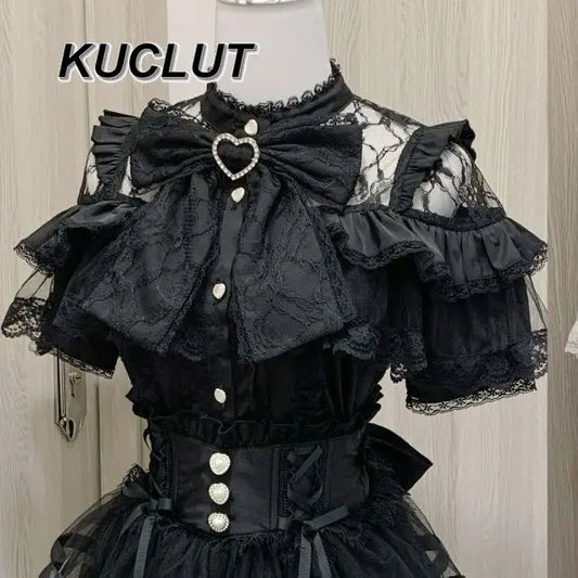 Japanese Mine Lolita Bow Shirt Subcultural Shirts Female Cute Black and White Lace Long-sleeved Short-sleeved Blouse Women.