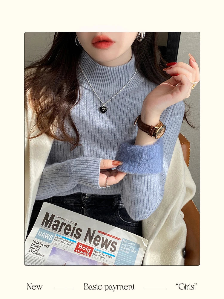 Women's Turtleneck Sweater Winter 2025 Retro with Velvet Lining Thickened Inner Wear Thermal Knitting Bottoming Shirt Pullovers.