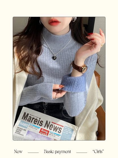 Women's Turtleneck Sweater Winter 2025 Retro with Velvet Lining Thickened Inner Wear Thermal Knitting Bottoming Shirt Pullovers.