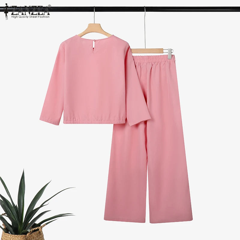 ZANZEA 2025 Women Autumn Matching Sets Solid Outfits Vintage Casual O Neck Long Sleeve Tops Pant Sets Fashion OL Work Tracksuit
