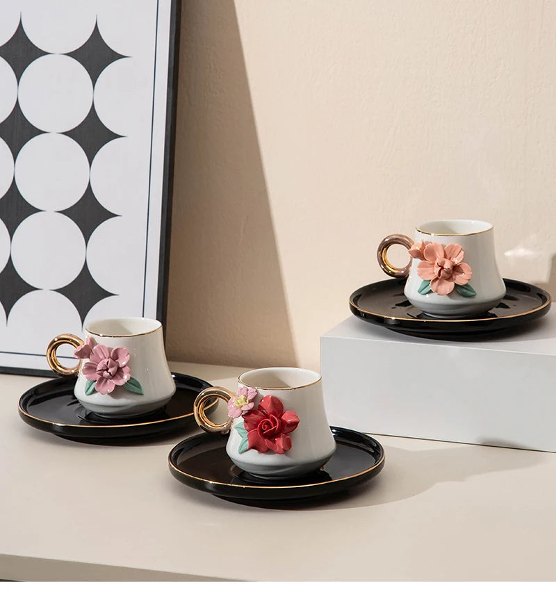 120ml Ceramic Coffee Cup Saucer Set Hand Pinched Flowers with Hand and Dish Milk Tea Porcelain Drinkware Tableware Gift.