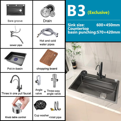 Stainless Steel Kitchen Sink Embossed Large Single-Slot With Kitchen Faucet Multifunctional Washbasin for Apartment