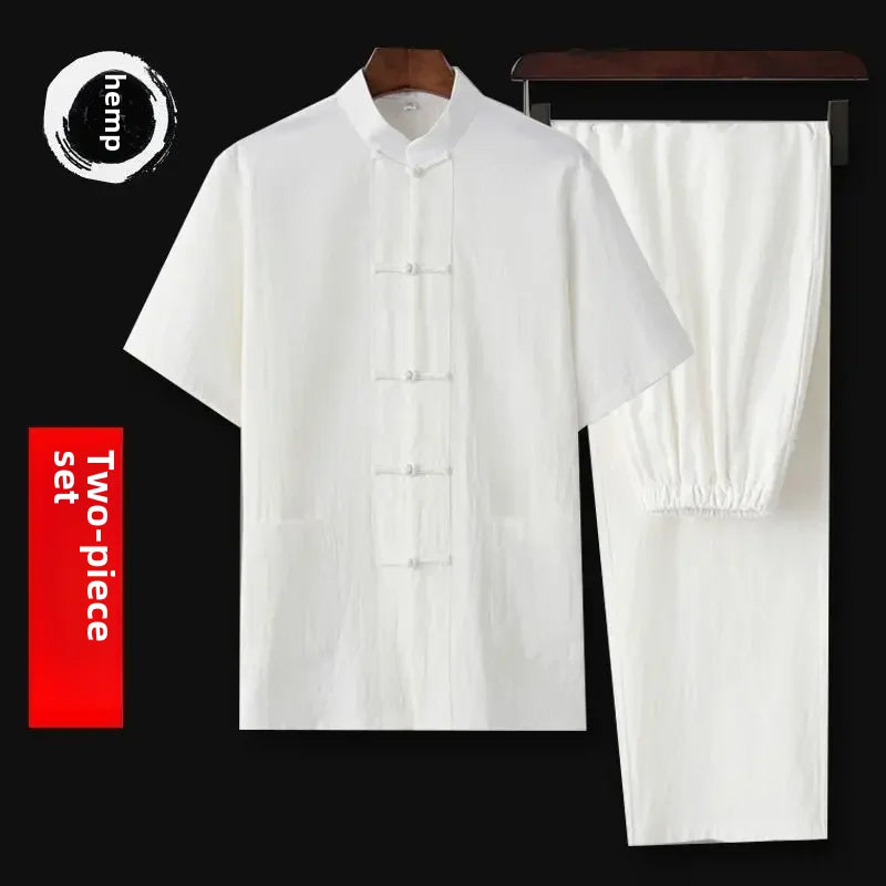 Traditional Chinese Men's Tang Suit Cotton Linen Ancient Costume Tea Servant Zen Meditation Clothing Middle Mountain Hanfu.