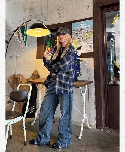 HOUZHOU Vintage Plaid Shirts Women Harajuku Long Sleeve American Style Drawstring Hooded Blouses Loose Casual Streetwear Spring.