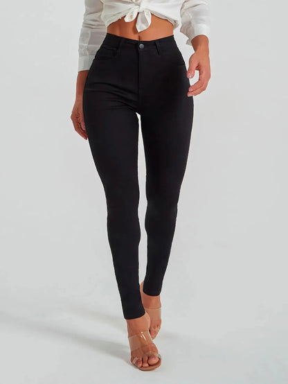 Women's Mid-Waist Slim Fit Black Denim Pants Elastic Casual Style Comfortable Cotton Long Trousers Versatile All-Season Jeans.