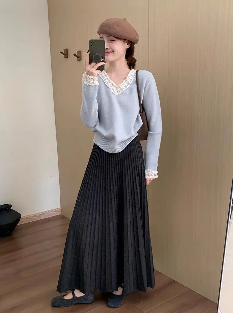 2026 Khaki Cashmere Knitted Midi Skirt for Women, Loose Fit, Draped, Slimming A-Line Pleated Skirt for Autumn and Winter