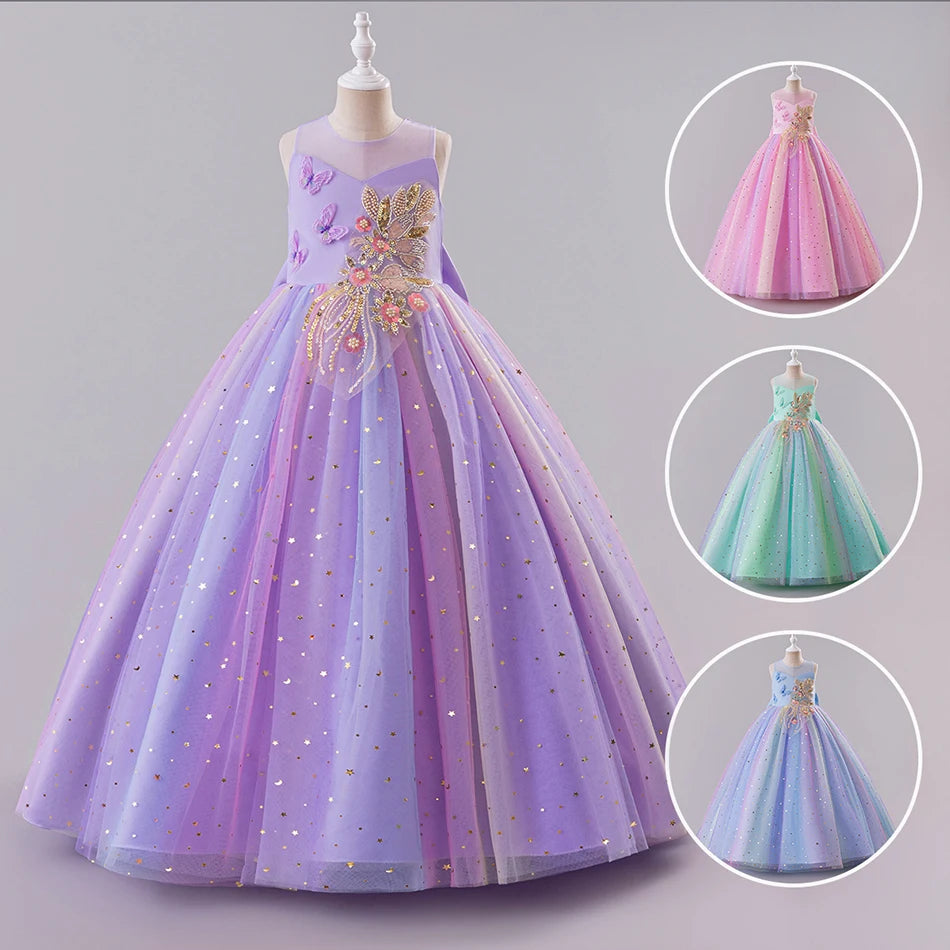 Elegantes, ärmelloses Tüll-Ballkleid für Kinder, Bühnenaufführungen, Hochzeiten, Weihnachten, Mädchenkleider, Mädchen-Prinzessin-Partykleider.