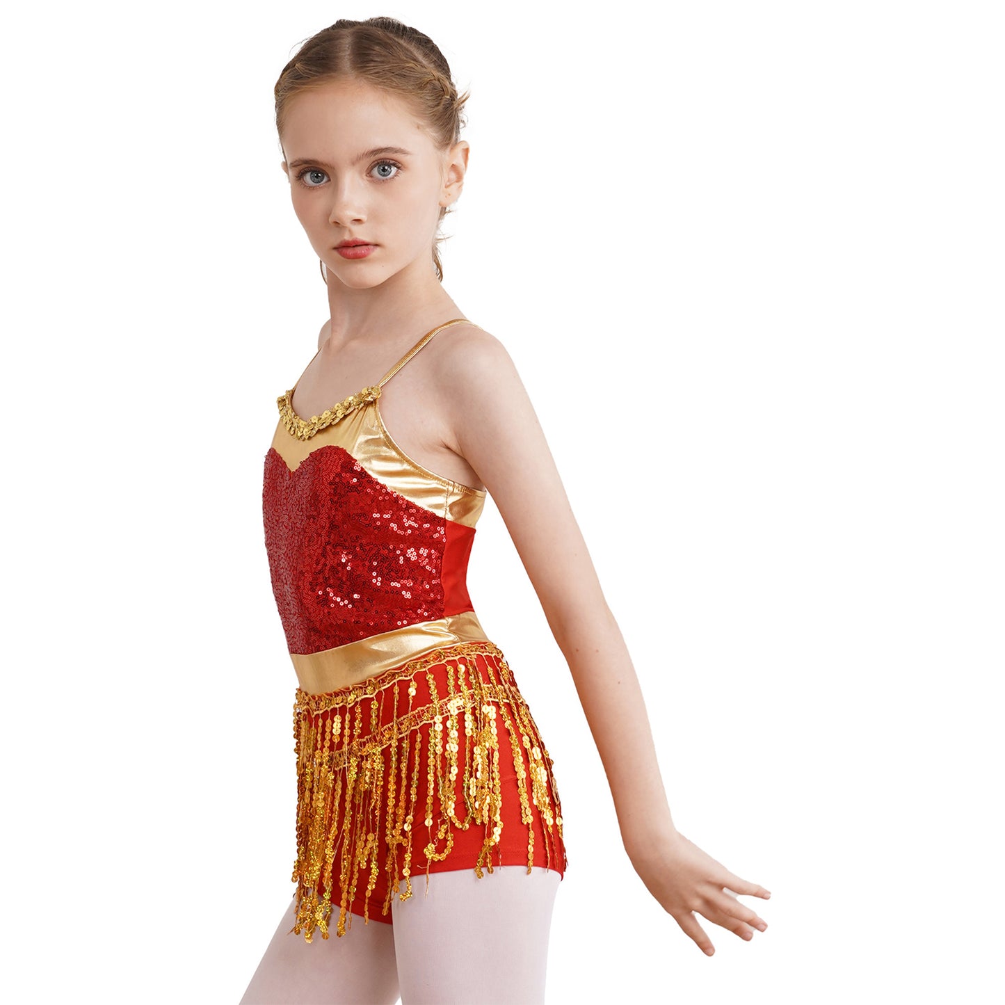 Kinder Mädchen Latin Tanz Kostüm Jazz Samba Cha-Cha Eiskunstlauf Trikot Kleid glänzende Pailletten Quaste Bodysuit für Bühnen performance