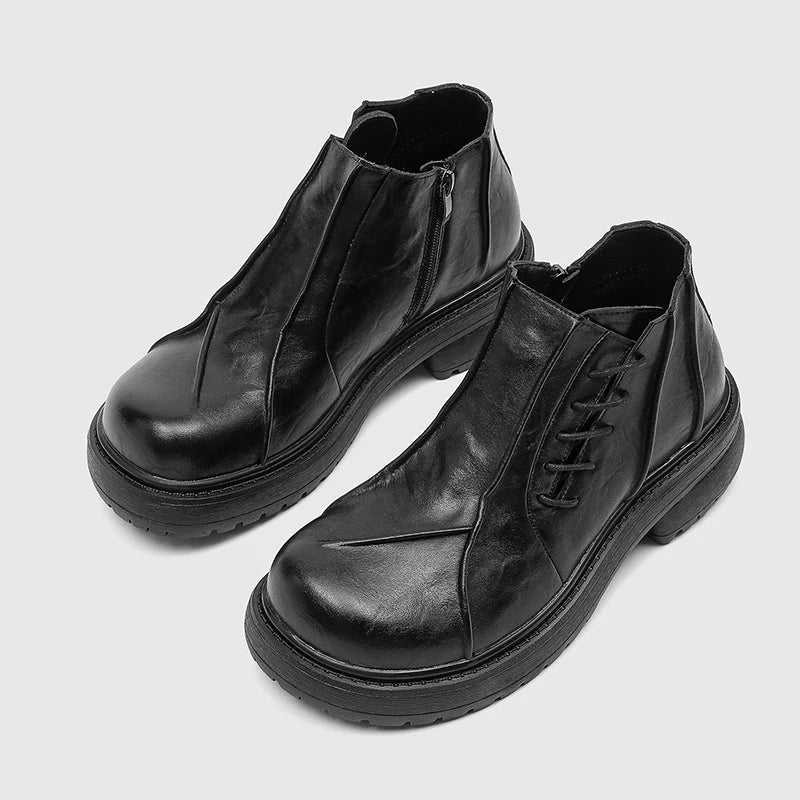 Autumn Winter Mens Ankle Boots Genuine Leather  Platform Chelsea Boots Street Style Male Motorcycle Boots High Top Walking Shoes.