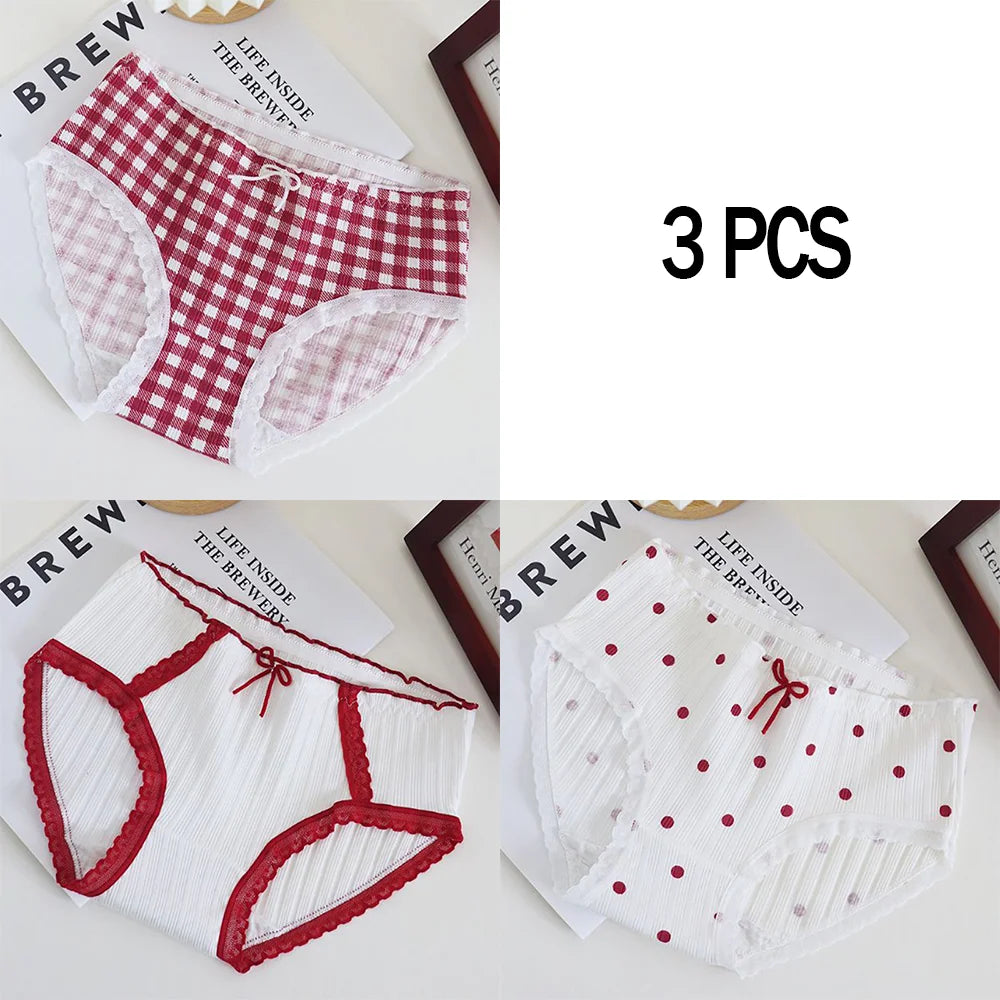 3pcs Cotton Women's Panties Sweet Cute Printed Student Mid-Waist Underwear Fashionable Breathable Girls Daily Briefs
