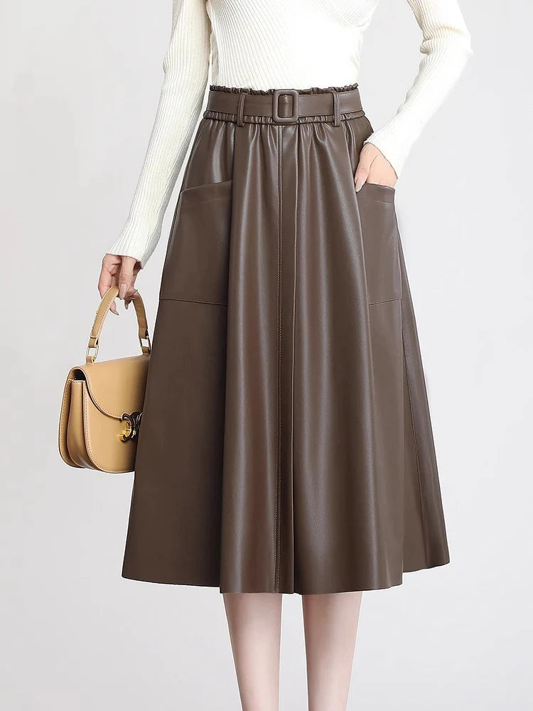 S-5XL New Women Plus Size Leather Skirt Spring Autumn Fashion Stretch Waist A-Line Loose Long Skirt Split Leather Sheepskin.