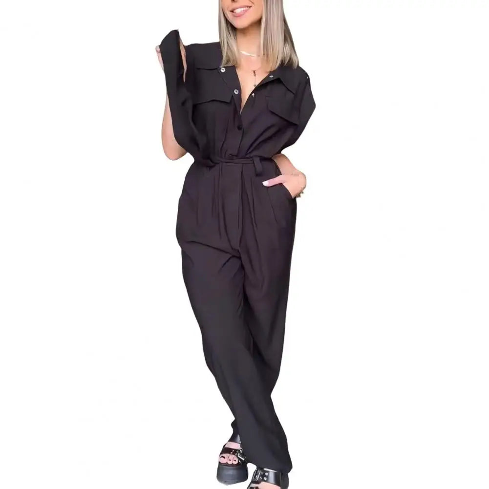 Elegant Women Jumpsuit Lapel Sleeveless Belt Design Romper with Pockets Solid Color Wide Leg Pants Versatile Jumpsuit.
